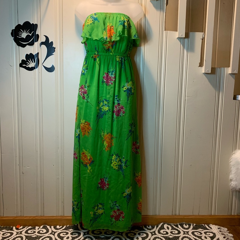 Old Navy green floral strapless flounce maxi S